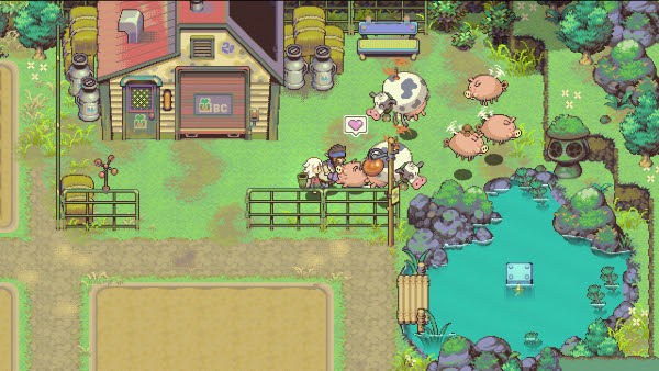 Imagem de divulgação do DLC do jogo Eastward, o Eastward: Octopia em que mostra uma fazenda com vaquinhas