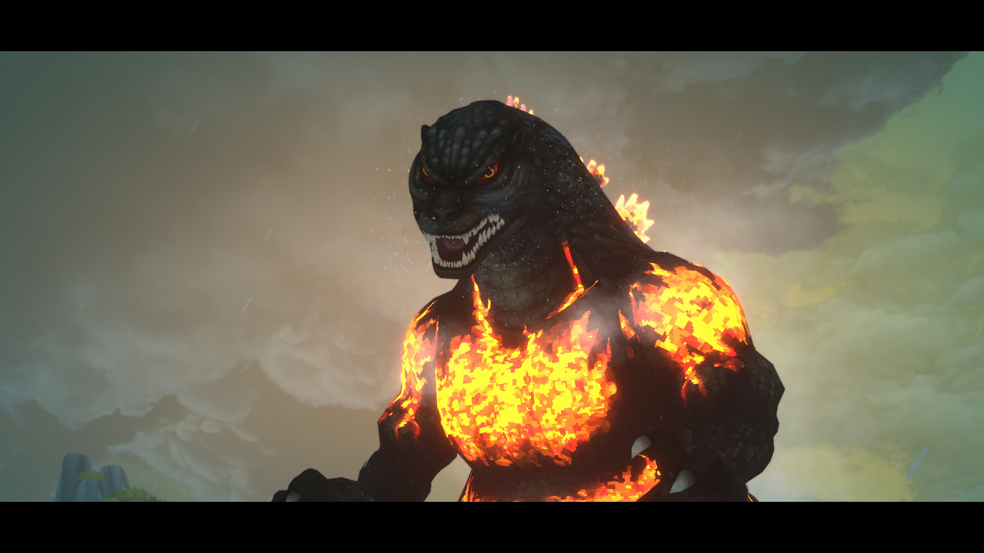 Um close do Godzilla, que aparentemente olha malevolamente para o espectador. Suas costas e espinhas brilham em vermelho fogo.