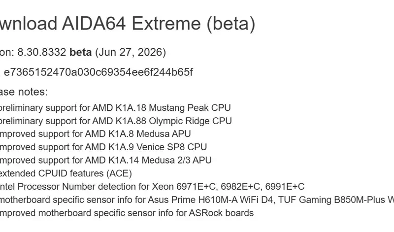 AIDA64 Atualiza Suporte para Processadores AMD Zen 6: Olympic Ridge e Mustang Peak