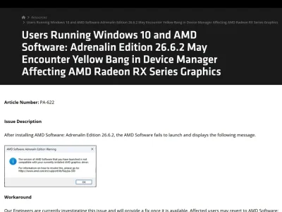 AMD identifica falha no driver Adrenalin 26.6.2 para Windows 10 e sugere retorno à versão anterior