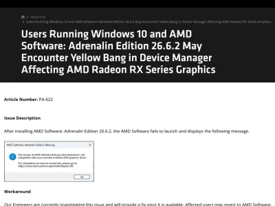 AMD identifica falha no driver Adrenalin 26.6.2 para Windows 10 e sugere retorno à versão anterior