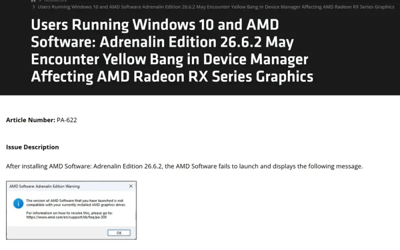 AMD identifica falha no driver Adrenalin 26.6.2 para Windows 10 e sugere retorno à versão anterior