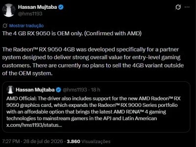 AMD confirma que Radeon RX 9050 de 4GB será exclusiva para OEMs