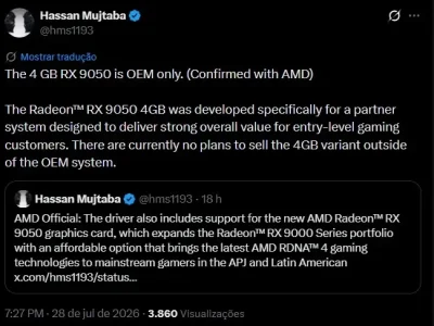 AMD confirma que Radeon RX 9050 de 4GB será exclusiva para OEMs