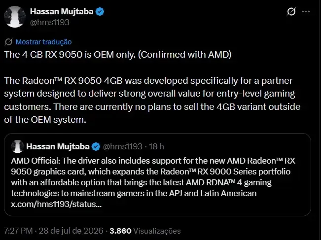 AMD confirma que Radeon RX 9050 de 4GB será exclusiva para OEMs