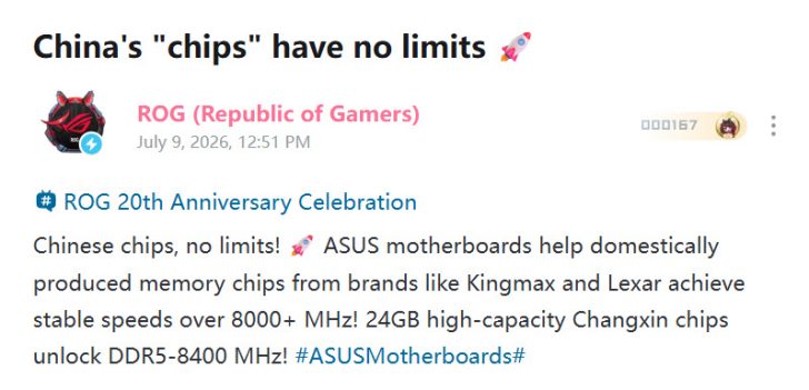ASUS apresenta memórias DDR5 da CXMT com desempenho de até 8.400 MT/s em placas AM5
