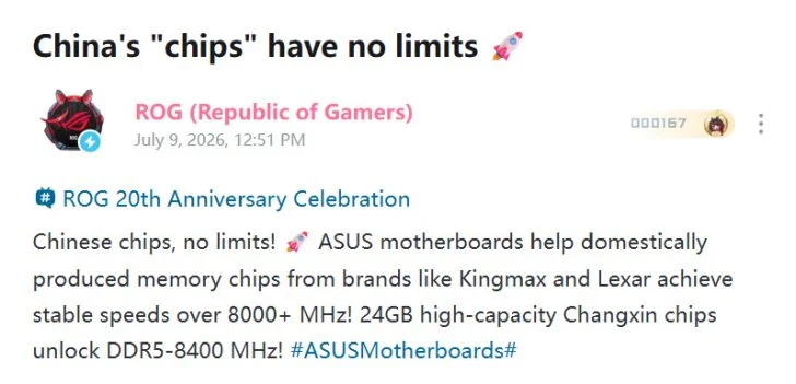 ASUS apresenta memórias DDR5 da CXMT com desempenho de até 8.400 MT/s em placas AM5