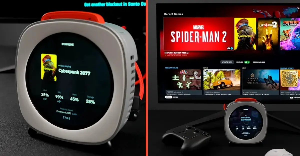 Mini PC enigmático com Ryzen AI 9 365 integra Windows, Bazzite e tela touch circular